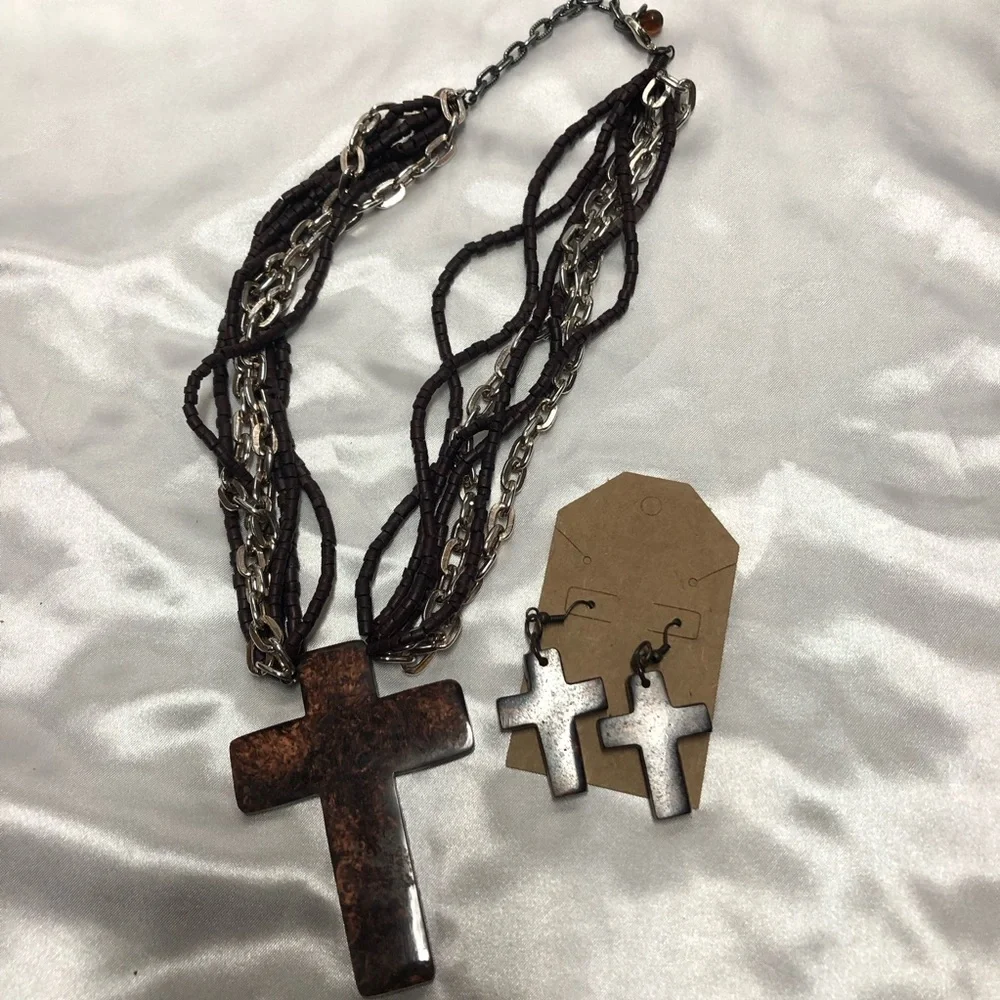 Tiger’s Eye Costume Fashion Brown and Silver Cross Necklace and Earring Set. New